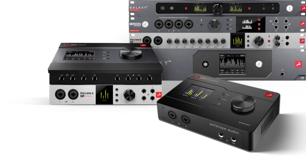 Explorez la gamme d'interfaces audio Antelope Audio, réputées pour leurs convertisseurs AD/DA de haute précision, leur technologie de synchronisation horloge (clocking) AFC et leurs modélisations de préamplis et d'effets en temps réel.