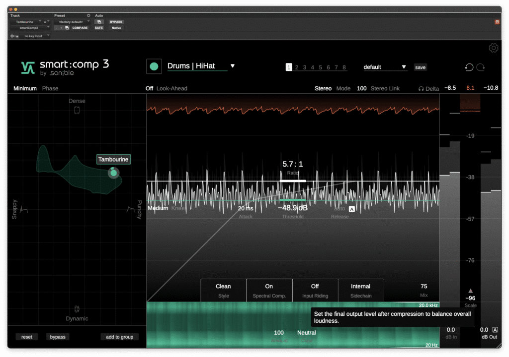 Capture d'écran du plugin smart:comp 3 de Sonible en cours de traitement, affichant la compression spectrale et le troisième axe de contrôle dynamique.
