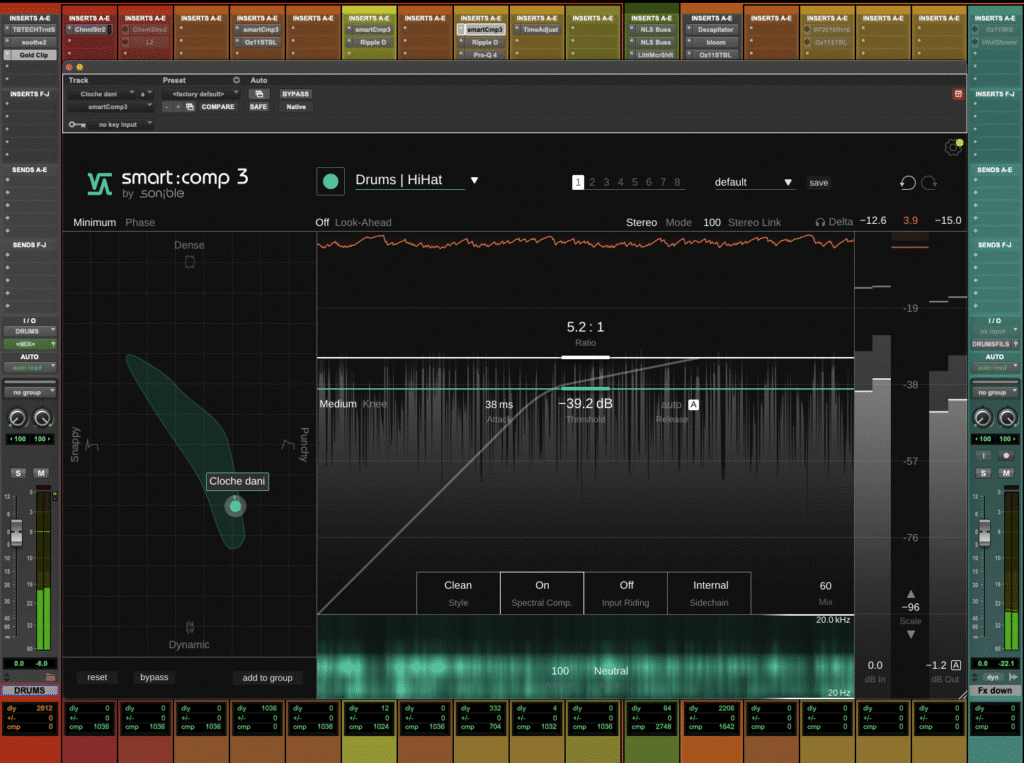 Plugin smart:comp 3 de Sonible configuré pour le traitement d'une piste de HiHat dans Pro Tools.