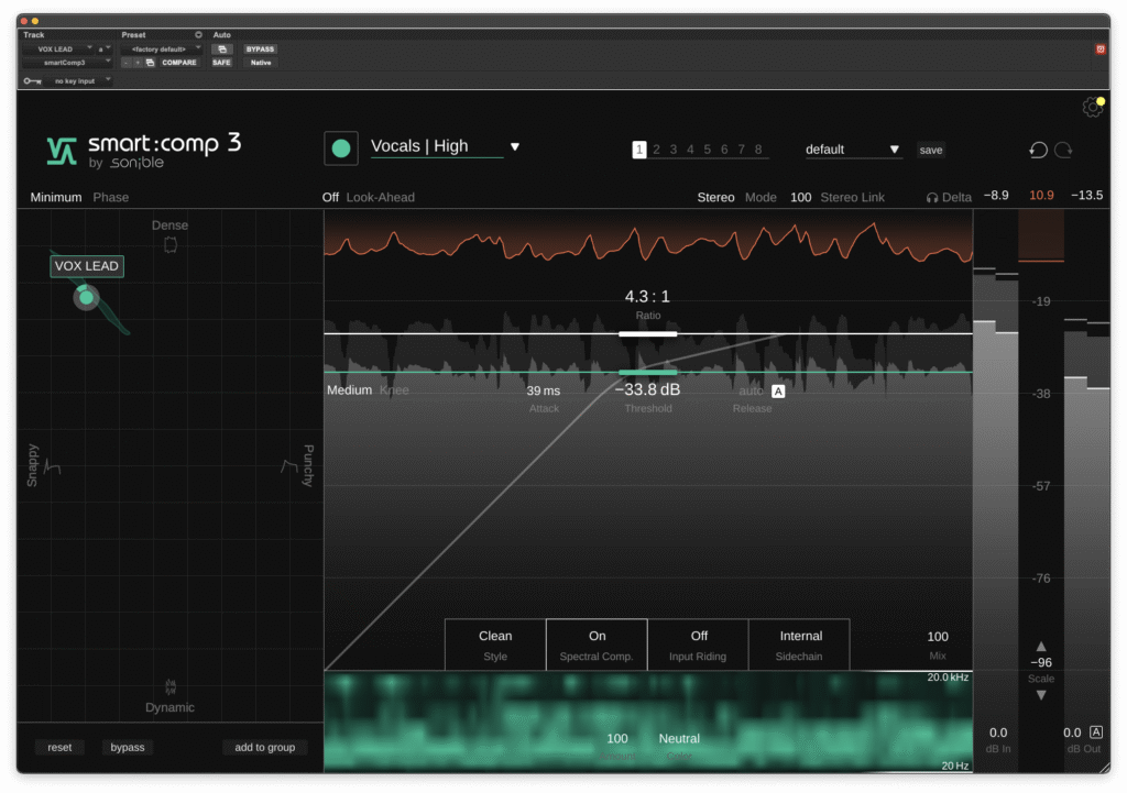 Réglage du contrôle dynamique intelligent de smart:comp 3 sur une piste vocale.
