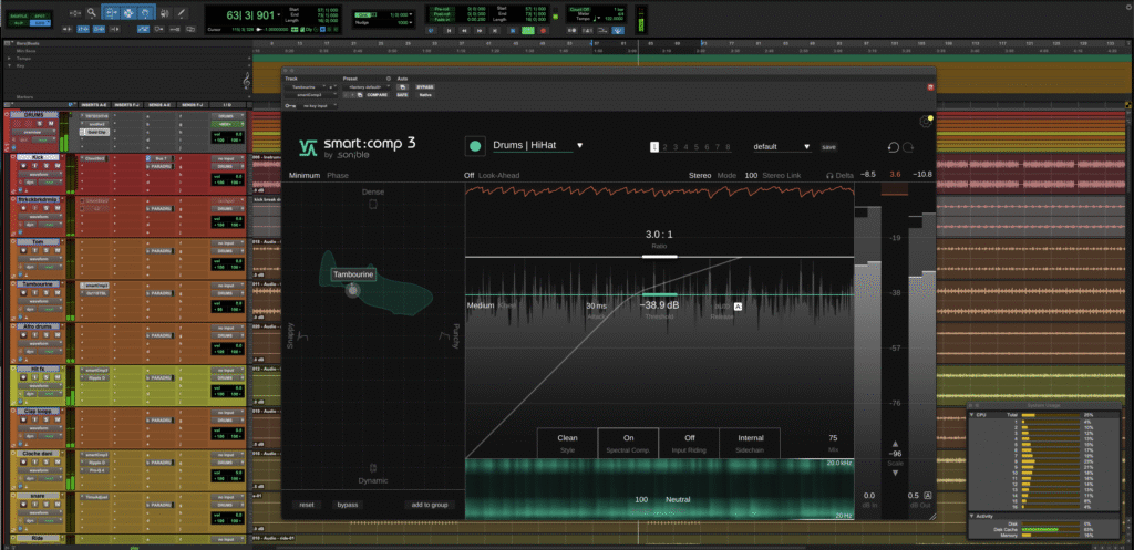 Interface du plugin smart:comp 3 de Sonible montrant la grille de mapping dynamique "Snappy/Punchy" et l'analyseur spectral en temps réel.