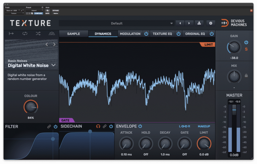 Réglages du moteur de dynamique et de l'enveloppe sur le plugin Texture de Devious Machines.
