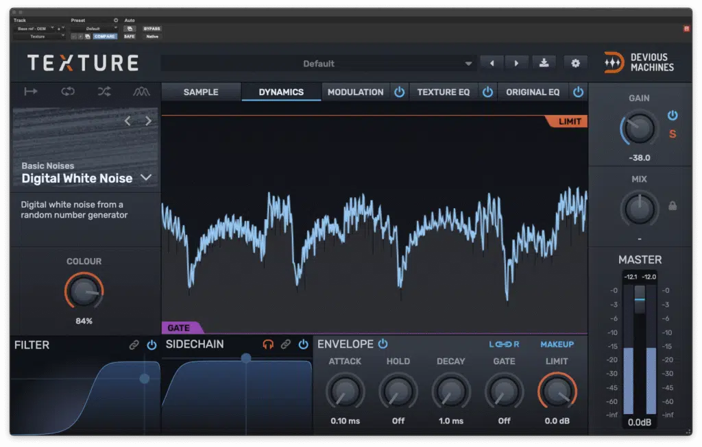 Réglages du moteur de dynamique et de l'enveloppe sur le plugin Texture de Devious Machines.