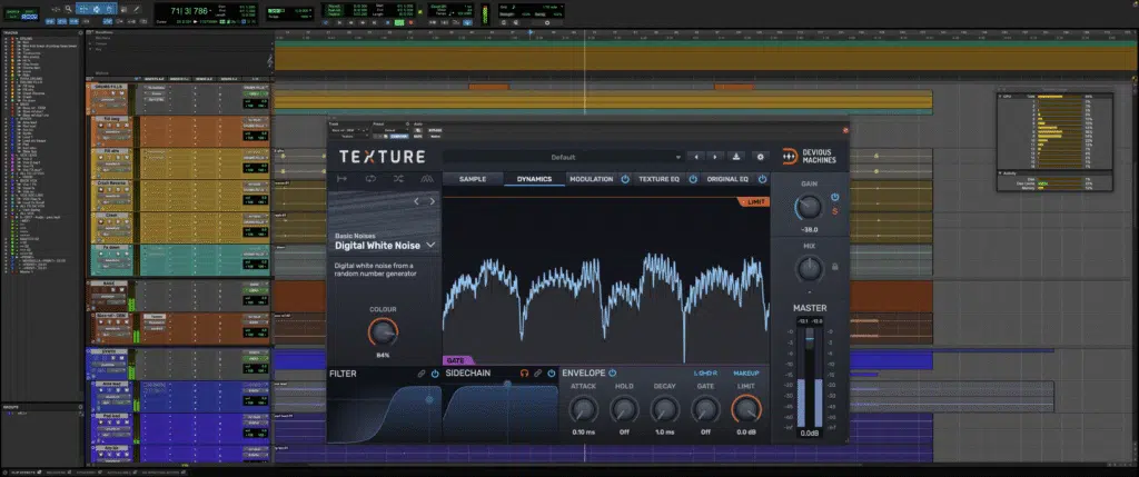 Vue de la fenêtre d'arrangement Pro Tools avec le plugin Texture de Devious Machines ouvert sur la gestion de la dynamique d'une piste.