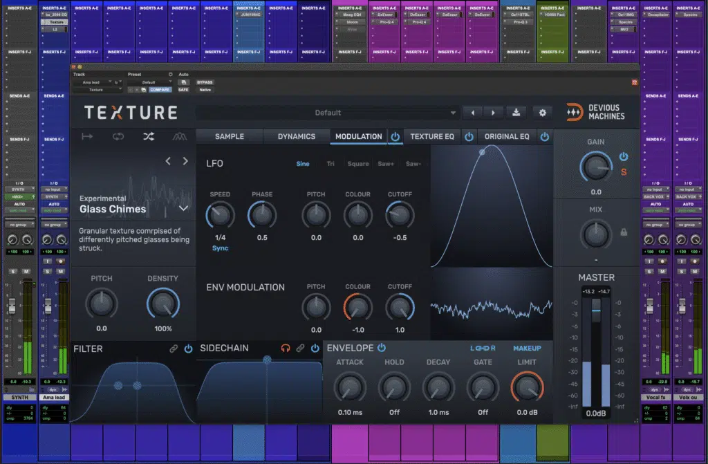 Section de modulation et réglages de LFO du plugin Texture de Devious Machines.