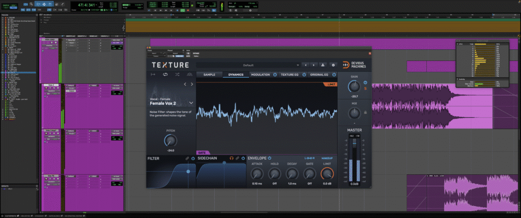 Utilisation du plugin Texture de Devious Machines pour le mixage vocal dans Pro Tools.