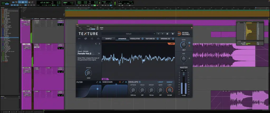 Utilisation du plugin Texture de Devious Machines pour le mixage vocal dans Pro Tools.
