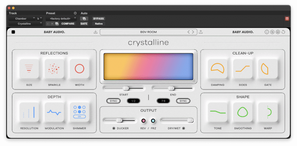 Capture d'écran de l'interface du plugin de réverbération Crystalline de Baby Audio. L'interface claire au design minimaliste présente un écran central au dégradé multicolore (jaune, rose, bleu) entouré de quatre sections de contrôle : Reflections (Size, Sparkle, Width), Depth (Resolution, Modulation, Shimmer), Clean-up (Damping, Sides, Gate) et Shape (Tone, Smoothing, Warp). Au centre se trouvent des curseurs de synchronisation temporelle (Start et End) ainsi que le module Output intégrant le Ducker, la fonction Reverse/Freeze et le dosage Dry/Wet.