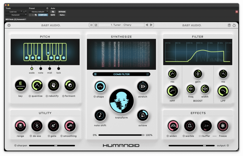 Capture d'écran détaillée de l'interface graphique du plugin de traitement vocal Humanoid de Baby Audio, affichant ses cinq modules principaux : Pitch, Synthesize, Filter, Utility et Effects. Le design moderne, à dominance blanche avec des accents néon bleu et vert, présente des contrôles intuitifs pour sculpter le timbre vocal. Le module de Pitch montre un clavier avec les notes jouées et des réglages pour la tonalité (ici E minor), la quantification et le formant. Le module Synthesize central présente un visualiseur spectral et le contrôle de filtre en peigne avec l'icône de visage transformé. Le module de filtre en haut à droite montre une courbe de réponse en fréquence. La section Utility en bas à gauche contient des outils comme le dé-esseur et le gate, tandis que la section Effects en bas à droite propose des options comme Widen et Freeze. L'interface comprend également des curseurs de sharpening et d'output en bas.