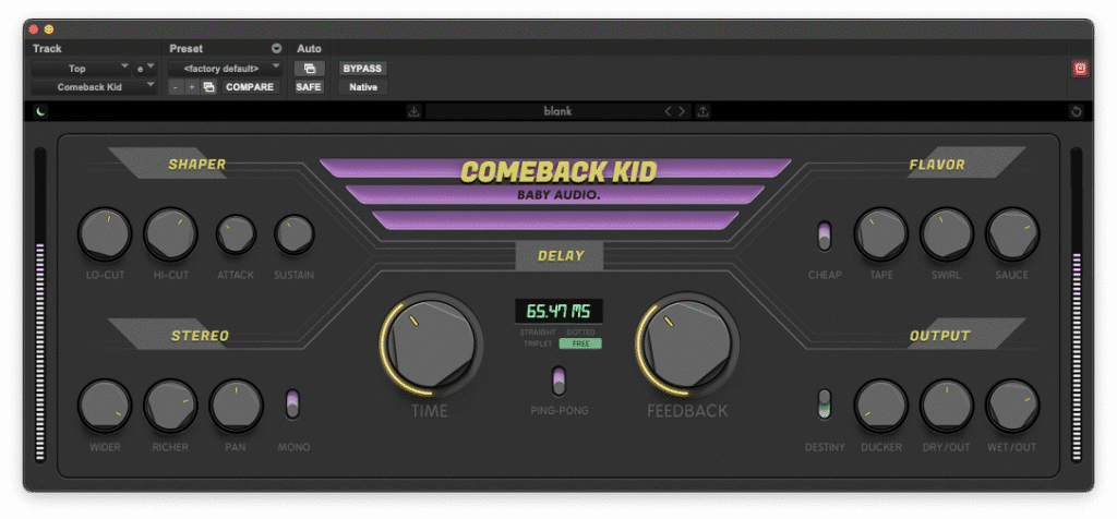 Capture d'écran de l'interface du plugin Comeback Kid par Baby Audio. Le design sombre et épuré met en valeur le logo jaune et violet au centre. La section centrale Delay comprend deux grands potentiomètres cerclés de jaune pour la durée (Time, affiché à 65.47 ms en vert fluo) et la réinjection (Feedback), accompagnés des commutateurs Ping-Pong et de synchronisation (Straight, Triplet, Dotted, Free). L'interface est encadrée par quatre blocs de traitement : Shaper (Lo-Cut, Hi-Cut, Attack, Sustain), Stereo (Wider, Richer, Pan, Mono), Flavor (Cheap, Tape, Swirl, Sauce) et Output (Destiny, Ducker, Dry/Out, Wet/Out).