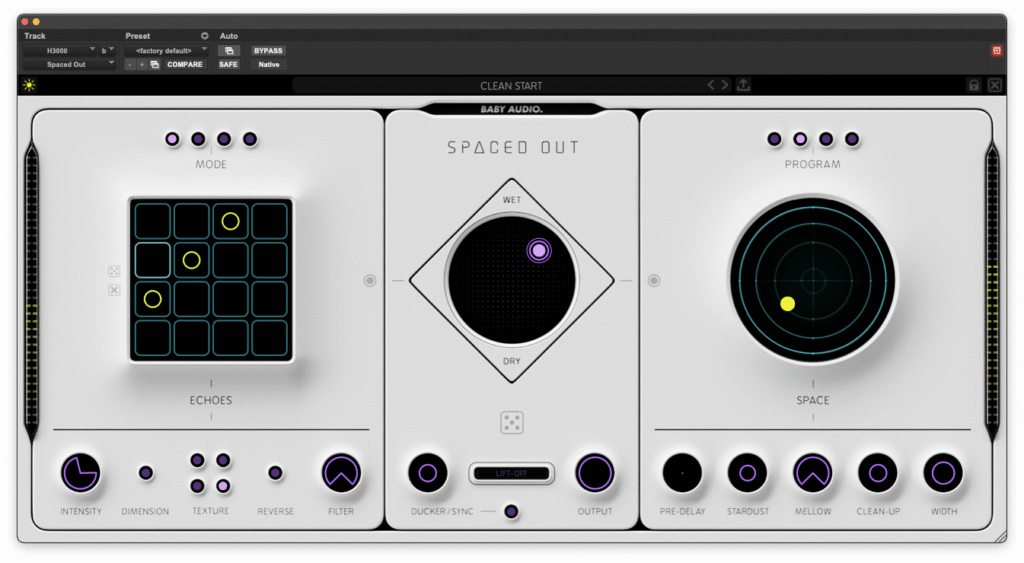 Capture d'écran de l'interface du plugin Spaced Out de Baby Audio sur fond clair. La section de gauche, « Echoes », intègre une grille séquentielle 16 pas à touches néon et des potentiomètres violets pour le réglage des délais (Intensity, Dimension, Texture, Reverse, Filter). La section centrale « Mixer » embarque le contrôleur X/Y losange Wet/Dry avec dé Dés à jouer pour la génération aléatoire (Generate), ainsi que les fonctions Ducker/Sync, Lift-off et Output. La section de droite, « Space », aborde la réverbération via un écran radar rétrofuturiste circulaire, complété par les réglages Pre-delay, Stardust, Mellow, Clean-up et Width.