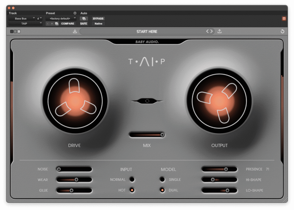 Capture d'écran de l'interface du plugin TAIP par Baby Audio. Le design rétro-futuriste gris métallisé simule un magnétophone à bande avec deux bobines centrales éclairées d'une lumière orange au niveau des moyeux, correspondant aux potentiomètres Drive et Output. Un curseur horizontal central gère le Mix. En bas, six faders horizontaux contrôlent les paramètres Noise, Wear, Glue, Presence, Hi-Shape et Lo-Shape. Des sélecteurs à points lumineux ajustent le niveau d'entrée (Input: Normal ou Hot) et le modèle d'émulation (Model: Single ou Dual).