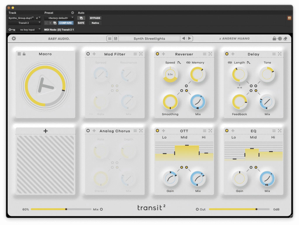 Capture d'écran de l'interface du plugin Transit 2 de Baby Audio et Andrew Huang, sur fond blanc épuré. À gauche, un grand potentiomètre circulaire jaune central contrôle la commande Macro principale. L'interface présente une grille de sept emplacements de modules : Reverser, Delay, OTT et EQ sont actifs avec des potentiomètres et visualiseurs jaunes et bleus, tandis que Mod Filter et Analog Chorus sont grisés. Un emplacement vide avec un signe plus permet d'ajouter un effet. En bas, deux curseurs contrôlent le mix global (à 60 %) et le niveau de sortie (0 dB).