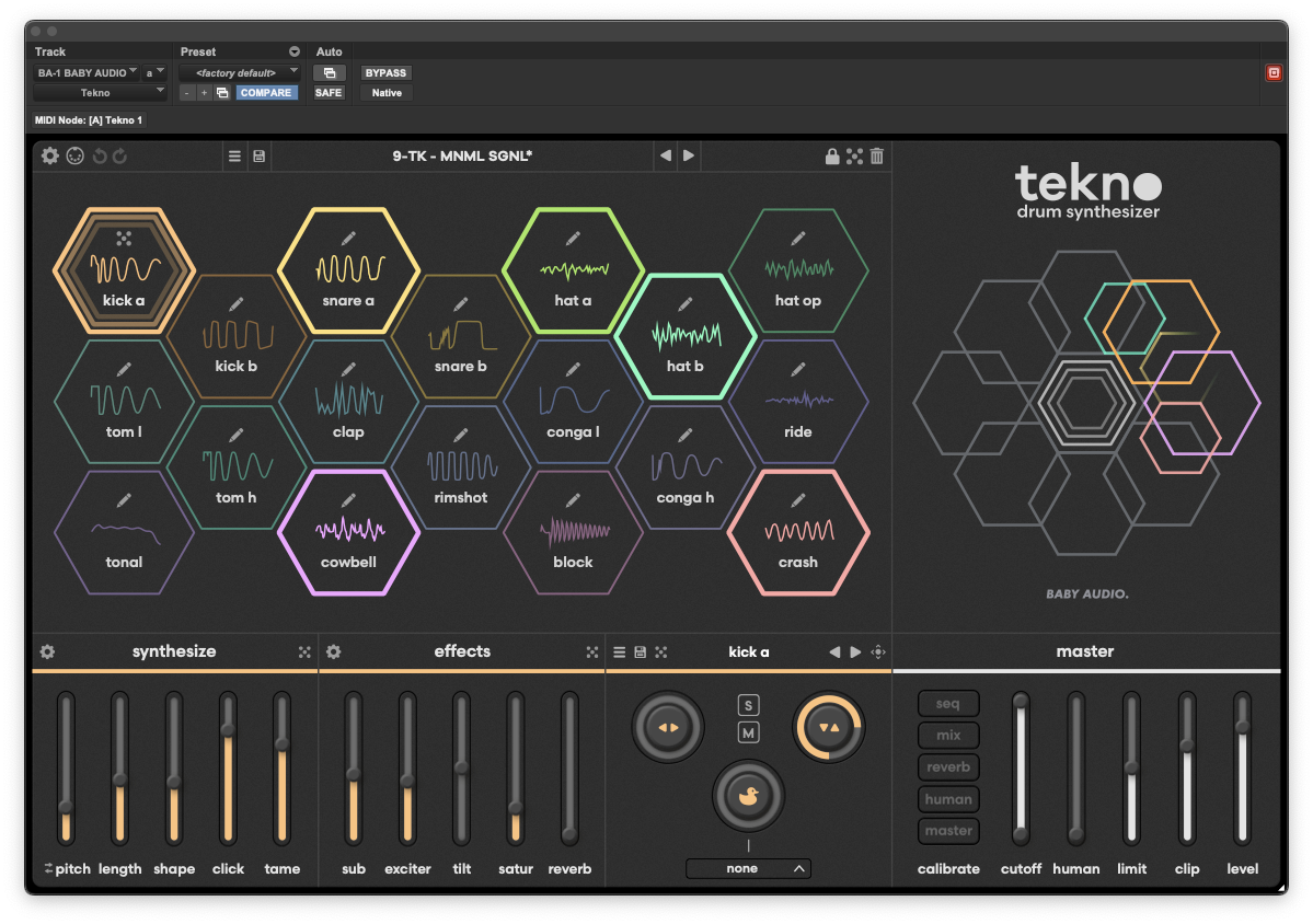 Capture d'écran de l'interface du plugin Tekno par Baby Audio. La partie supérieure gauche présente une matrice alvéolée composée de 14 pads hexagonaux colorés représentant les éléments de batterie (Kick a/b, Snare a/b, Hat a/b/op, Clap, Tom l/h, Conga l/h, Cowbell, Rimshot, Block, Crash, Tonal), chacun affichant son icône de forme d'onde. À droite, un graphisme géométrique en nids d'abeille surmonte le logo Tekno Drum Synthesizer. La partie inférieure rassemble les commandes d'édition du pad sélectionné (Sections Synthesize et Effects avec leurs faders verticaux), un module de routage et ducking avec l'icône de canard, ainsi que la section Master à droite.
