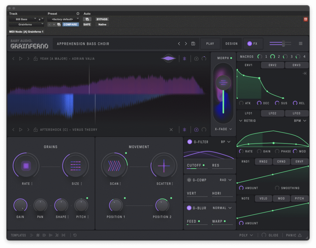 Capture d'écran de l'interface du plugin Comeback Kid par Baby Audio. Le design sombre et épuré met en valeur le logo jaune et violet au centre. La section centrale Delay comprend deux grands potentiomètres cerclés de jaune pour la durée (Time, affiché à 65.47 ms en vert fluo) et la réinjection (Feedback), accompagnés des commutateurs Ping-Pong et de synchronisation (Straight, Triplet, Dotted, Free). L'interface est encadrée par quatre blocs de traitement : Shaper (Lo-Cut, Hi-Cut, Attack, Sustain), Stereo (Wider, Richer, Pan, Mono), Flavor (Cheap, Tape, Swirl, Sauce) et Output (Destiny, Ducker, Dry/Out, Wet/Out).