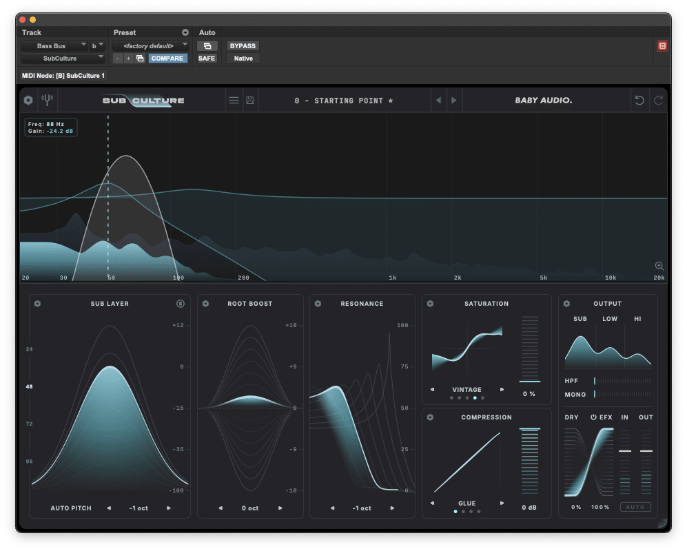 Interface du plugin Baby Audio SubCulture affichant l'analyseur spectral et les modules de réglage du bas du spectre.