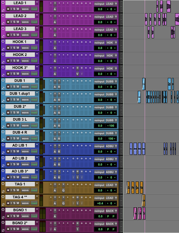 Session Pro Tools montrant l’organisation des pistes de voix (Lead, Refrain, Dubs, Ad-libs) pour un enregistrement rap.