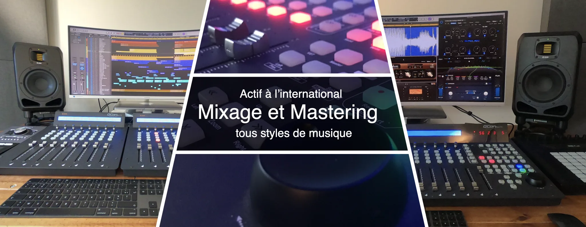 Studio professionnel de mixage et mastering audio avec contrôleurs, enceintes de monitoring, et écrans affichant des logiciels de production musicale.